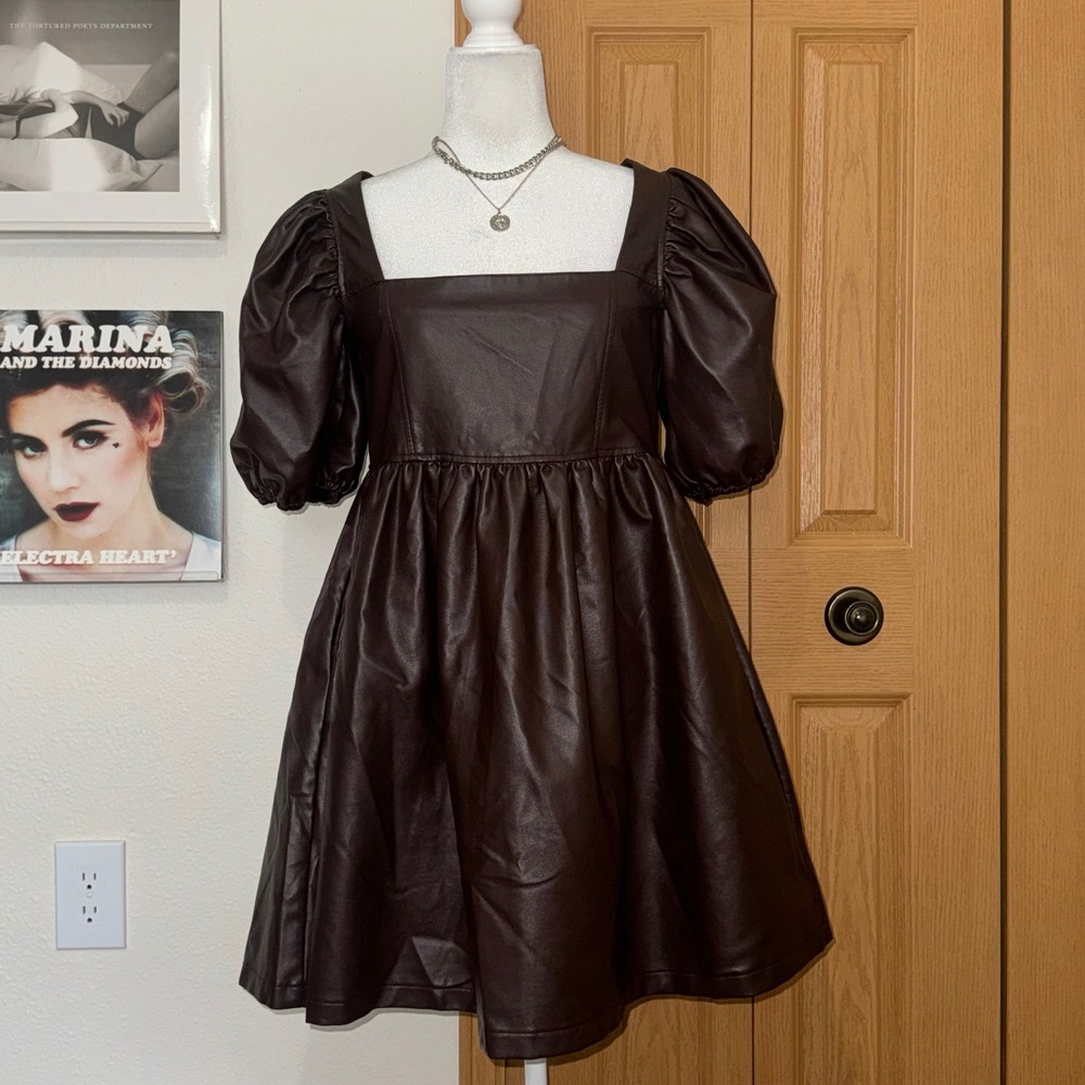 Mittoshop Brown Faux Leather Puff Sleeve Babydoll Mini Dress Square Neck Medium